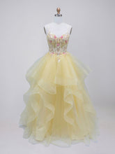 Yellow Tiered Tulle Prom Dress with Floral Embroidered Sheer Corset