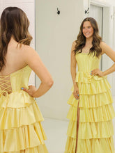 Yellow A Line Strapless Tiered Ruffle Long Prom Gown Dress with Slit