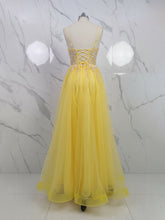 Yellow Metallic Lace Appliqué Tulle Long Prom Dress with Slit