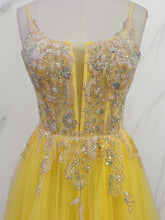 Yellow Metallic Lace Appliqué Tulle Long Prom Dress with Slit