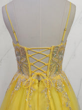 Yellow Metallic Lace Appliqué Tulle Long Prom Dress with Slit