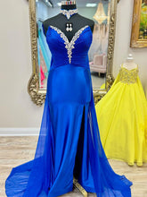 Yellow Strapless Crystal Plunge Neckline Satin Prom Dress with Slit