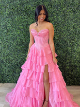 Yellow Strapless Tiered Ruffle Corset Prom Dress with High Slit