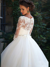 A-Line Wedding Dresses Off Shoulder Court Train Lace Tulle  Length Sleeve Formal Sexy Illusion Sleeve with Appliques