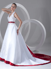 A-Line Wedding Dresses Halter Neck Chapel Train Satin Regular Straps with Sashes  Ribbons Beading Embroidery
