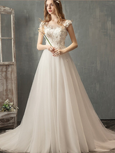 Princess A-Line Wedding Dresses Jewel Neck Lace Tulle Cap Sleeve Country Romantic with Pleats Appliques