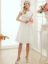 A-Line Wedding Dresses Jewel Neck Knee Length Satin Short Sleeve Formal Simple Casual Little White Dress with Sash  Ribbon