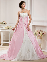 Ball Gown Wedding Dresses Strapless Chapel Train Organza Taffeta Strapless Wedding Dress in Color with Ruched Beading Appliques