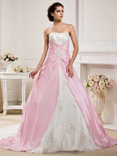 Ball Gown Wedding Dresses Strapless Chapel Train Organza Taffeta Strapless Wedding Dress in Color with Ruched Beading Appliques