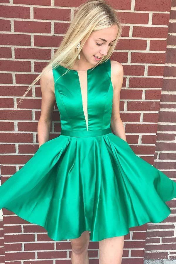 A-line Bateau Backless Knee Length Green Homecoming Dress with Pockets PD380