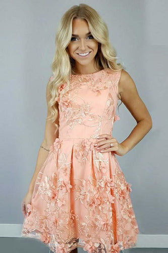 A-Line Bateau  Coral Satin Homecoming Dress with Appliques Flowers PD112