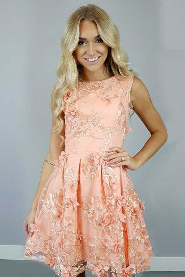 A-Line Bateau  Coral Satin Homecoming Dress with Appliques Flowers PD112