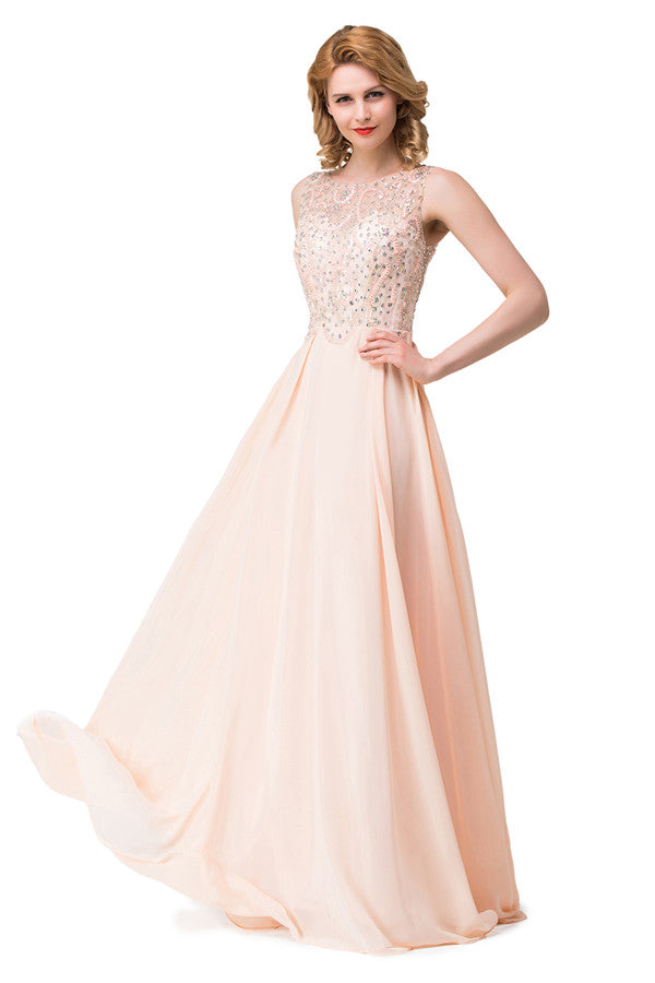 A-line Chiffon Sequins Crew Sweep-length Prom Dresses
