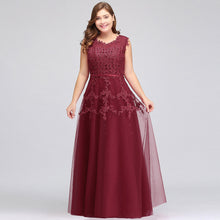 A-Line Crew Floor Length Sleeveless Plus size Tulle Appliqued Evening Dresses with Crystals