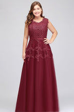 A-Line Crew Floor Length Sleeveless Plus size Tulle Appliqued Evening Dresses with Crystals