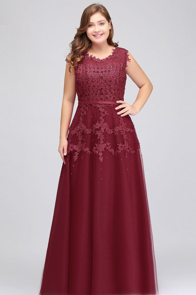 A-Line Crew Floor Length Sleeveless Plus size Tulle Appliqued Evening Dresses with Crystals
