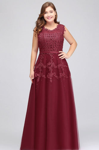 A-Line Crew Floor Length Sleeveless Plus size Tulle Appliqued Evening Dresses with Crystals