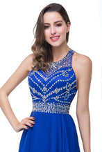 A-line Crew Floor-length Sleeveless Tulle Prom Dresses with Crystal Beads