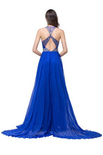 A-line Crew Floor-length Sleeveless Tulle Prom Dresses with Crystal Beads