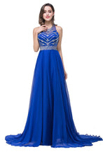 A-line Crew Floor-length Sleeveless Tulle Prom Dresses with Crystal Beads