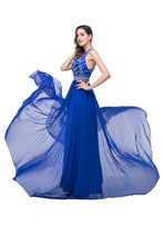 A-line Crew Floor-length Sleeveless Tulle Prom Dresses with Crystal Beads