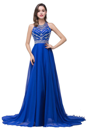 A-line Crew Floor-length Sleeveless Tulle Prom Dresses with Crystal Beads