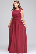 A-Line Crew Long Plus size Sleeveless Lace Chiffon Evening Dresses with Sash
