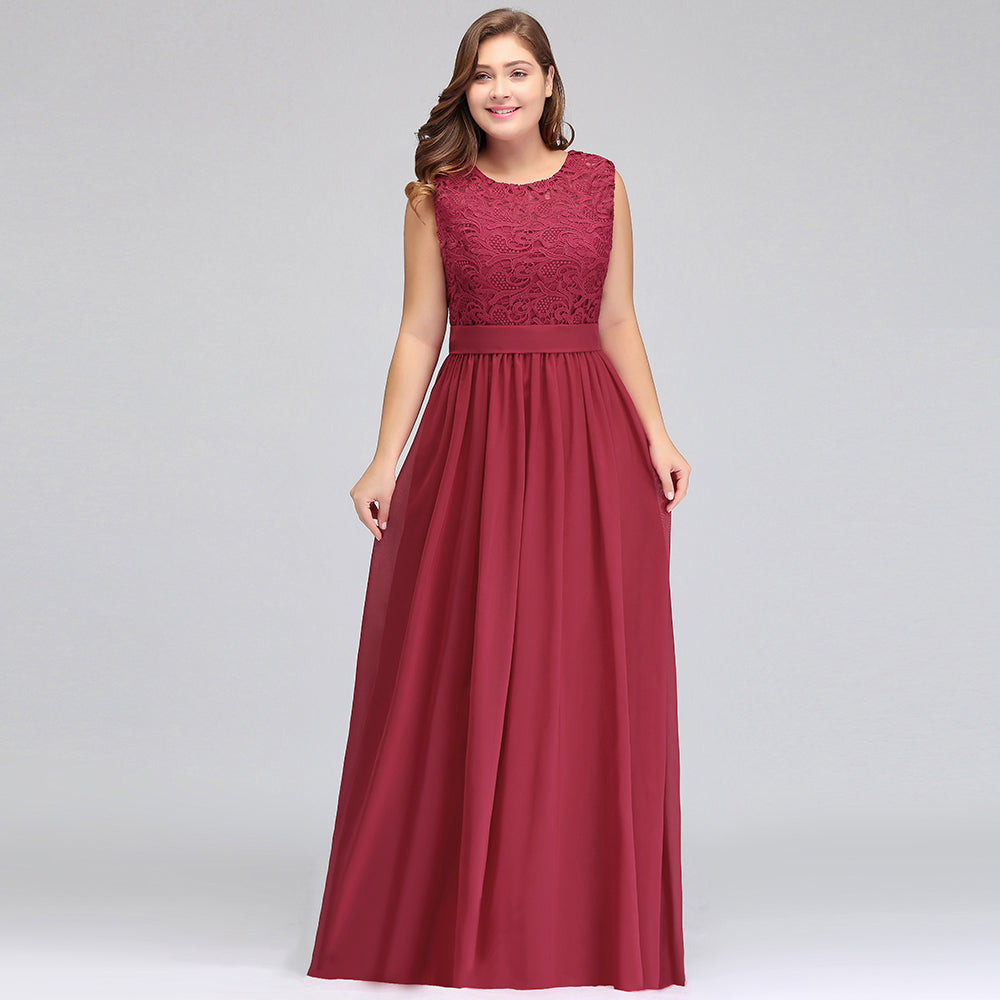 A-Line Crew Long Plus size Sleeveless Lace Chiffon Evening Dresses with Sash