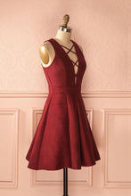 A-Line Deep V-Neck Sleeveless Lace-up Burgundy Satin Homecoming Dress  PD386
