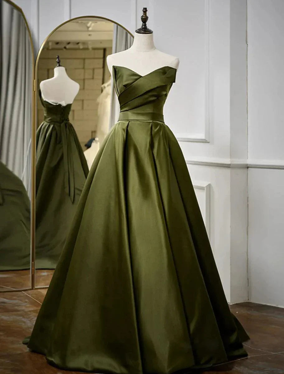 Sunnderly A-Line Evening Gown Open Back Dress Formal Wedding Guest Floor Length Sleeveless Strapless Satin with Pleats Strappy