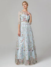 Sunnderly A-Line Evening Gown Party Dress Floral Dress Holiday Wedding Guest Floor Length 3/4 Length Sleeve Illusion Neck Lace with Embroidery