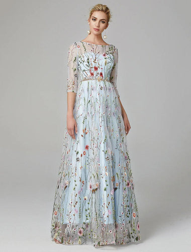 Sunnderly A-Line Evening Gown Party Dress Floral Dress Holiday Wedding Guest Floor Length 3/4 Length Sleeve Illusion Neck Lace with Embroidery