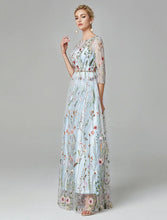 Sunnderly A-Line Evening Gown Party Dress Floral Dress Holiday Wedding Guest Floor Length 3/4 Length Sleeve Illusion Neck Lace with Embroidery