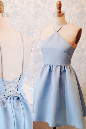 A-Line Halter Above-Knee Lace-Up Blue Stretch Satin Homecoming Dress PD403