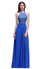 A-line Halter Neck Chiffon Royal Blue Prom Dresses with Sequins