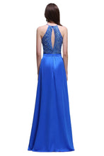 A-line Halter Neck Chiffon Royal Blue Prom Dresses with Sequins