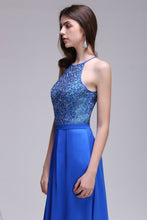 A-line Halter Neck Chiffon Royal Blue Prom Dresses with Sequins