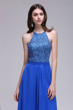 A-line Halter Neck Chiffon Royal Blue Prom Dresses with Sequins