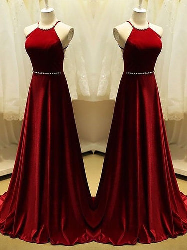 A-Line Halter Sleeveless With Beading Satin Prom Dresses