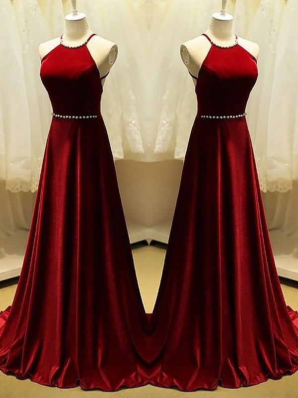 A-Line Halter Sleeveless With Beading Satin Prom Dresses