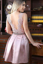 A-Line Jewel Pink Short Satin Homecoming Dress with Beading Appliques PG155