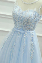 A-Line Jewel Short Blue Tulle Homecoming Dress with Sash Appliques PG121