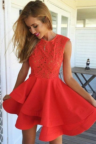 A-Line Jewel Short Red Satin Homecoming Dress with Lace Ruffles  PG117