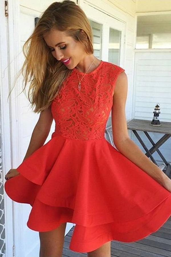 A-Line Jewel Short Red Satin Homecoming Dress with Lace Ruffles PG117