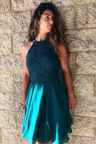 A-Line Jewel Turquoise Chiffon Homecoming Dress with Lace Beading  PD226