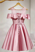 A-Line Knee-Length Cold Shoulder Pink Satin Homecoming Dress With Lace  PD121