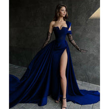 A Line Lace Appliques High Split Black Long Prom Formal Dress