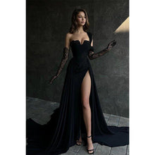 A Line Lace Appliques High Split Black Long Prom Formal Dress