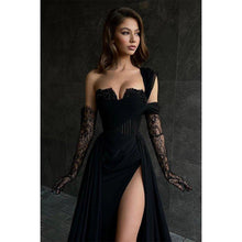 A Line Lace Appliques High Split Black Long Prom Formal Dress