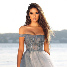 A-line Long Glitter Off-the-shoulder Gray Prom Dresses